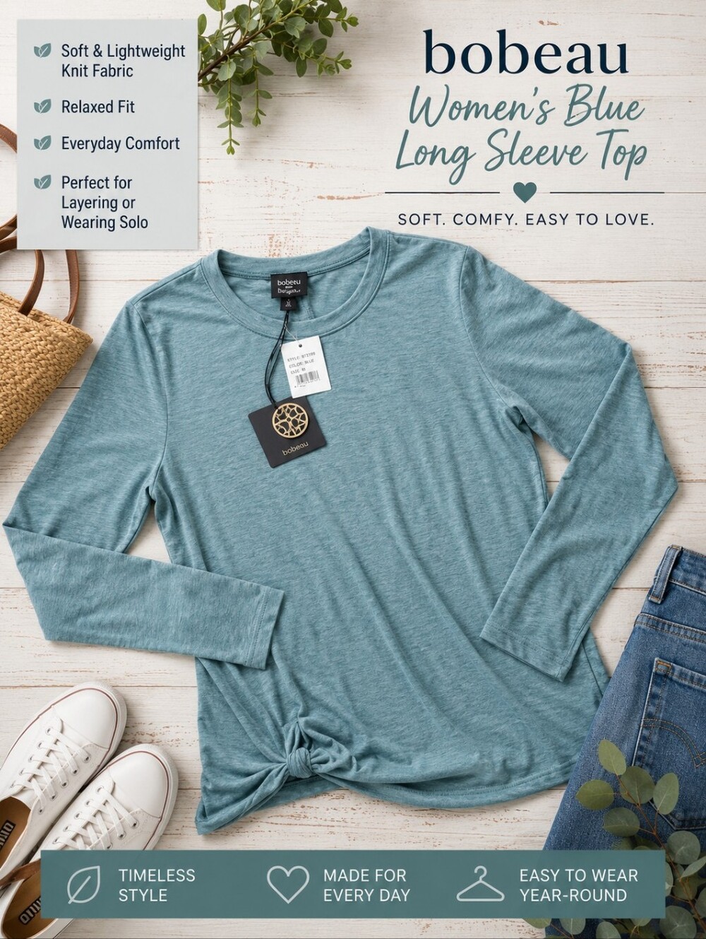 Bobeau Women's Blue Long Sleeve Top